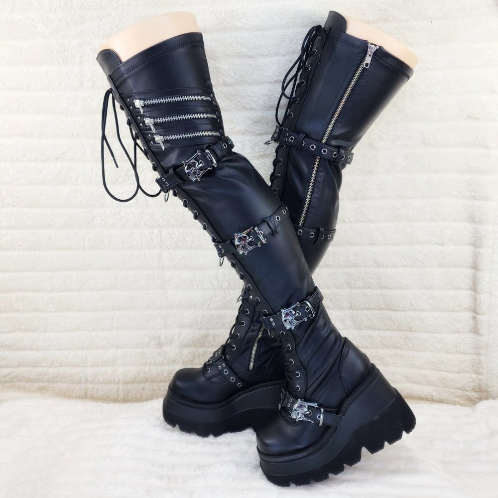 Brand New Shaker 420 Thigh High Platform Goth Punk Rocker Boots Stretch Leather - Picture 10 of 15